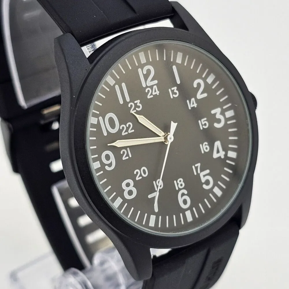 Men's Military Field Watch 42MM Black Case Black‎ Dial Black Plastic Band Straps